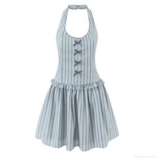 Women's Elegant Halterneck Striped Mini Dress With Bow Decoration Ruffle Hem Back Smocking Sleeveless Summer Party Vacation Sundress