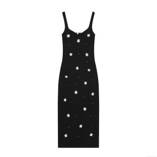 Women's Sexy Slim Fit Black Camisole Midi Dress With Daisy Embroidery And Pearl Detail Elegant Elastic Ribbed Knitted Party Evening Dress