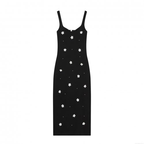 Women's Sexy Slim Fit Black Camisole Midi Dress With Daisy Embroidery And Pearl Detail Elegant Elastic Ribbed Knitted Party Evening Dress