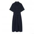 Women Elegant Deep Blue Short Sleeve Shirt Dress With Belt Gold Button Polyester Midi Dress For Office Daily Casual Wear Lady Long Dresses