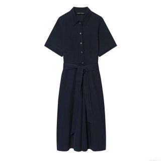 Women Elegant Deep Blue Short Sleeve Shirt Dress With Belt Gold Button Polyester Midi Dress For Office Daily Casual Wear Lady Long Dresses