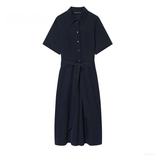 Women Elegant Deep Blue Short Sleeve Shirt Dress With Belt Gold Button Polyester Midi Dress For Office Daily Casual Wear Lady Long Dresses