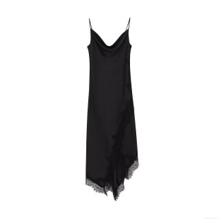 Women's Sexy Satin Lace Spaghetti Strap Maxi Dress Elegant V-Neck Asymmetrical Hem Evening Party Clubwear Slim Fit Solid Black Dress