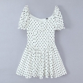 Women French Vintage Polka Dot Puff Short Sleeve Mini Dress Elegant Heart Neck High Waist A-Line Polyester Short Dresses For Women Summer Dating Casual Style