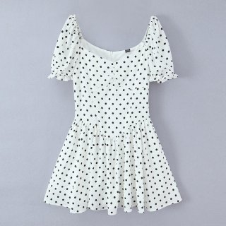 Women French Vintage Polka Dot Puff Short Sleeve Mini Dress Elegant Heart Neck High Waist A-Line Polyester Short Dresses For Women Summer Dating Casual Style