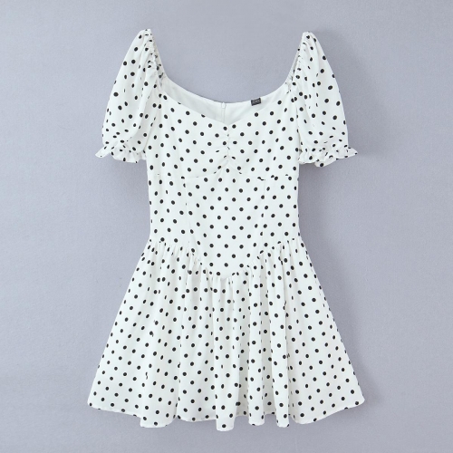 Women French Vintage Polka Dot Puff Short Sleeve Mini Dress Elegant Heart Neck High Waist A-Line Polyester Short Dresses For Women Summer Dating Casual Style
