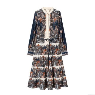 Women Bohemian Paisley Print Maxi Dress Long Sleeve Tiered Cake Skirt Stand Collar Waist Tie Elegant Vacation Dresses For Women Fashion Print