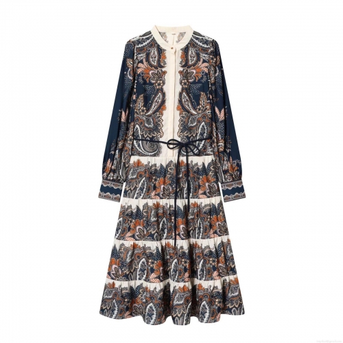 Women Bohemian Paisley Print Maxi Dress Long Sleeve Tiered Cake Skirt Stand Collar Waist Tie Elegant Vacation Dresses For Women Fashion Print