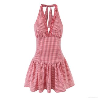 Women's Sexy Halter Neck V-Neck Ruffle Gingham Dress French Vintage Backless A-Line Short Flare Party Summer Beach Dress Red White Checkered Sundress