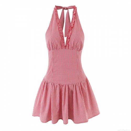 Women's Sexy Halter Neck V-Neck Ruffle Gingham Dress French Vintage Backless A-Line Short Flare Party Summer Beach Dress Red White Checkered Sundress