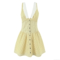 Women's Vintage Polka Dot Sleeveless V-Neck Mini Dress French Style Lace Trim Patchwork Flare Summer Casual Single-breasted Button Yellow Polyester Dress