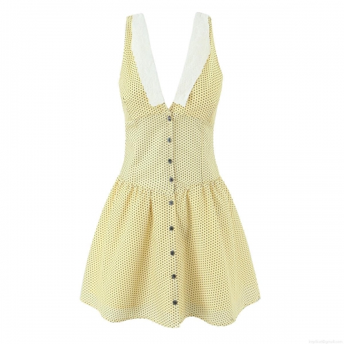 Women's Vintage Polka Dot Sleeveless V-Neck Mini Dress French Style Lace Trim Patchwork Flare Summer Casual Single-breasted Button Yellow Polyester Dress