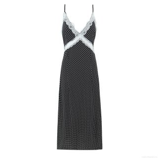Women Sexy Polka Dot Lace Trim Cami Dress 100% Rayon Adjustable Spaghetti Straps Deep V-Neck Slim Fit French Vintage Midi Dress for Summer Dating Vacation