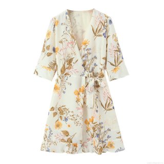 Women Floral V-Neck Wrap Dress Ruffle Tie Waist Polyester Summer Half Sleeve French Style Casual Party Beach Boho Flowy Mini Dress
