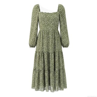 Women's Polka Dot Square Neck Maxi Dress Long Sleeve Smocked Tiered Cake Dress 100% Polyester Sweet Lolita Green Long Dress For Daily Party