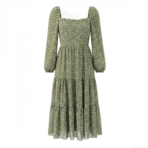 Women's Polka Dot Square Neck Maxi Dress Long Sleeve Smocked Tiered Cake Dress 100% Polyester Sweet Lolita Green Long Dress For Daily Party