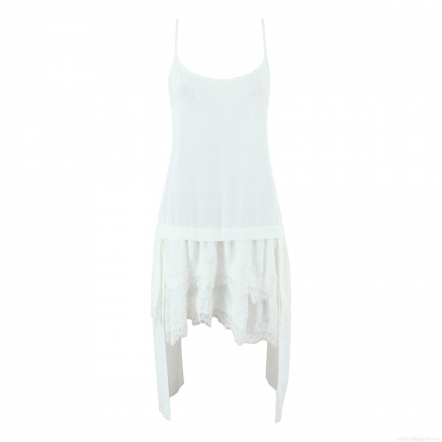 Women's Sexy White Lace Patchwork Spaghetti Strap Dress Sleeveless U-Neck Layered Asymmetrical Hem Midi Dress For Summer Party Streetwear