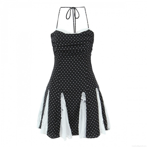 Women Sexy Polka Dot Halter Neck Mini Dress Vintage Lace Patchwork Slim Fit Pleated Backless Summer Party A-Line Dress