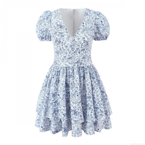 Women's French Floral Print V-Neck Mini Dress Puff Sleeve High Waist Ruffle Hem Polyester Sweet Vacation Style A-Line Flowy Sundress