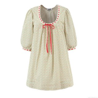 Women French Pastoral 100% Cotton Floral Midi Dress With Puff Sleeves And Bow Knot U-Neck Sweet Fresh Beige Red Berry Print Summer Casual Loose Dress