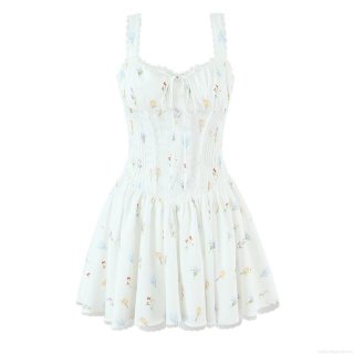 French Style Floral Print Mini Dress With Lace Trim Sweet Spaghetti Strap Corset Dress Women Sexy Backless Party Clubwear Vacation Beachwear