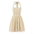 Women's Sexy Halter Neck Floral Print Mini Dress Polyester Backless Ruffle Hem A-Line Summer Vacation Sleeveless Pastoral Style Short Dress