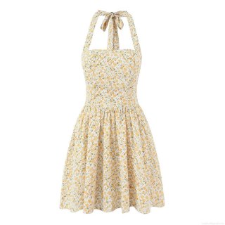Women's Sexy Halter Neck Floral Print Mini Dress Polyester Backless Ruffle Hem A-Line Summer Vacation Sleeveless Pastoral Style Short Dress