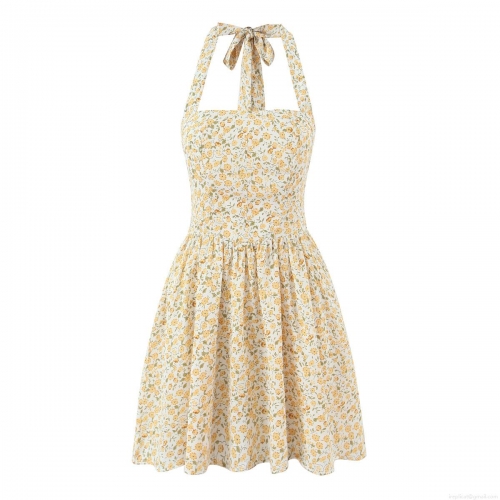 Women's Sexy Halter Neck Floral Print Mini Dress Polyester Backless Ruffle Hem A-Line Summer Vacation Sleeveless Pastoral Style Short Dress