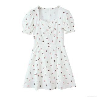 Women's French Style Floral Mini Dress Cotton Puff Sleeve Square Neck A-Line Summer Vacation Short Dress For Ladies Elegant Slim Fit Party Dress