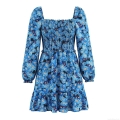 Women's Blue Floral Print Mini Dress Square Neck Smocked Elastic Waist Long Puff Sleeve Layered Ruffle Hem Polyester Summer Dress For Women