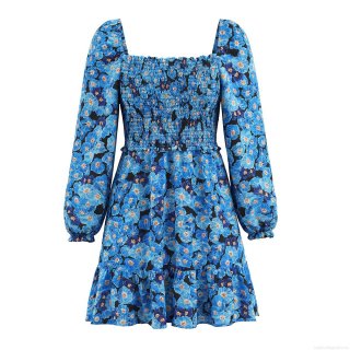 Women's Blue Floral Print Mini Dress Square Neck Smocked Elastic Waist Long Puff Sleeve Layered Ruffle Hem Polyester Summer Dress For Women