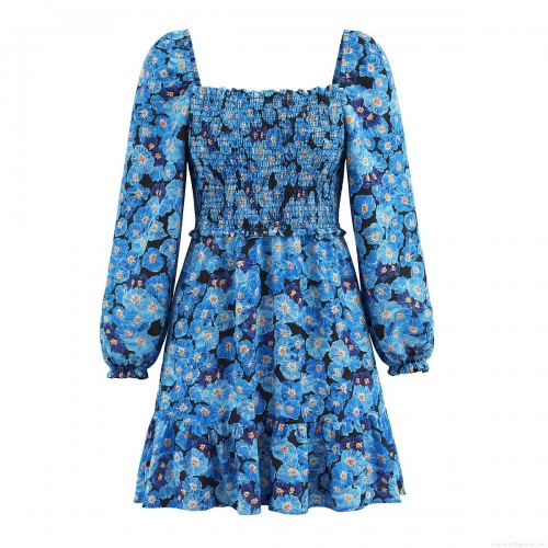 Women's Blue Floral Print Mini Dress Square Neck Smocked Elastic Waist Long Puff Sleeve Layered Ruffle Hem Polyester Summer Dress For Women