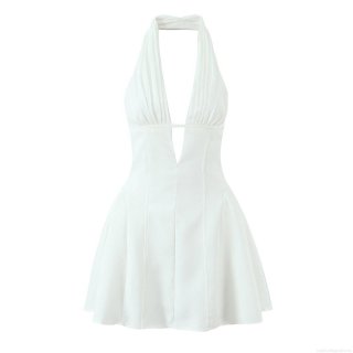 Women Halter Backless Deep V-Neck Mini Dress Sexy Polyester Lace Patchwork Slim Fit White French Vintage Summer Sundress For Party Vacation