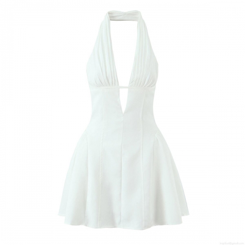 Women Halter Backless Deep V-Neck Mini Dress Sexy Polyester Lace Patchwork Slim Fit White French Vintage Summer Sundress For Party Vacation