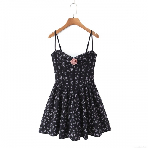 French Retro Floral Spaghetti Strap Mini Dress 3D Rose Polyester Corset A-Line Sexy Backless Lace-Up Party Dress Women Summer Outfit