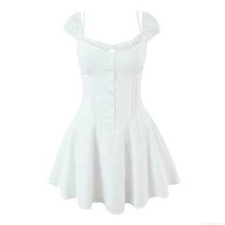 Women's Summer White Puff Sleeve Mini Dress French Style Spaghetti Strap Lace Trim Button Front Slim Fit A-Line Short Dress For Party Vacation