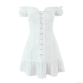 Women's Off Shoulder White Lace Dress Elegant Puff Sleeve Hollow Out Embroidery Mini Dress Summer Ruffle Hem Lace Up Party Sundress