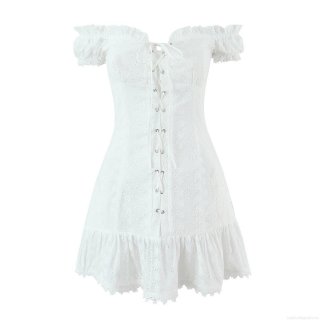 Women's Off Shoulder White Lace Dress Elegant Puff Sleeve Hollow Out Embroidery Mini Dress Summer Ruffle Hem Lace Up Party Sundress