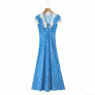 French Vintage Polka Dot Rayon Maxi Dress With Lace V-Neck Peter Pan Collar Short Sleeve Sweet Retro Vacation Dress For Women