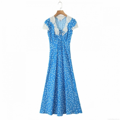 French Vintage Polka Dot Rayon Maxi Dress With Lace V-Neck Peter Pan Collar Short Sleeve Sweet Retro Vacation Dress For Women