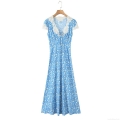 Women's Vintage Floral Maxi Dress V-Neck Lace Patchwork Short Sleeve Summer Boho Beach Long Dress With Bow Tie