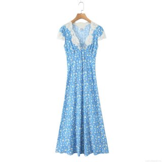 Women's Vintage Floral Maxi Dress V-Neck Lace Patchwork Short Sleeve Summer Boho Beach Long Dress With Bow Tie