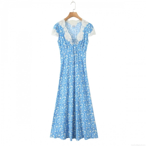 Women's Vintage Floral Maxi Dress V-Neck Lace Patchwork Short Sleeve Summer Boho Beach Long Dress With Bow Tie