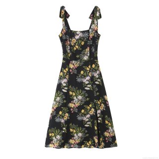 Women Sexy Floral Print Tie Shoulder Cami Dress Sleeveless Square Neck Smocked Waist Split Midi Dress For Summer Beach Vacation Party