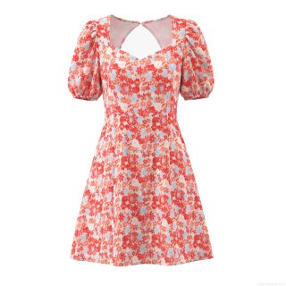 Women Sexy Floral Print Square Neck Puff Sleeve Mini Dress Backless Smocked High Waist A-Line Polyester Summer Vacation Short Dress