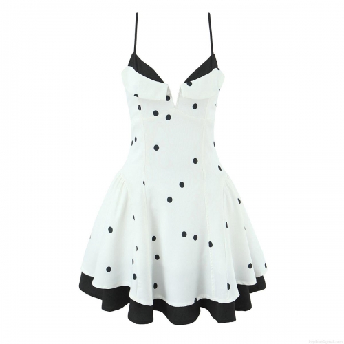 Women's French Style Polka Dot Cami Dress Sexy V-Neck High Waist Layered Hem Mini Dress Sweet Socialite Sleeveless Party Sundress for Summer