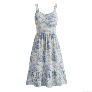 Women's French Retro Floral Swallow Print Suspender Dress 100% Polyester Sleeveless Smocked Back Ruffle Hem Midi Dress Summer Vacation