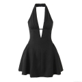 Women Sexy Halter Neck Lace Patchwork Mini Dress Deep V Neck Backless Pleated A-Line Party Clubwear Summer Sleeveless Short Polyester Cocktail Dress