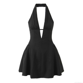 Women Sexy Halter Neck Lace Patchwork Mini Dress Deep V Neck Backless Pleated A-Line Party Clubwear Summer Sleeveless Short Polyester Cocktail Dress