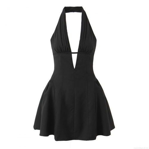 Women Sexy Halter Neck Lace Patchwork Mini Dress Deep V Neck Backless Pleated A-Line Party Clubwear Summer Sleeveless Short Polyester Cocktail Dress